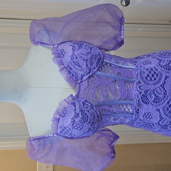 Purple Lace Sheer Corset Bodycon Mini Dress with Puff Sheer Short Sleeves - Picture 4 of 9